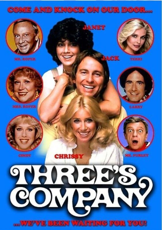 three's company movie poster with many different faces and words on the front cover