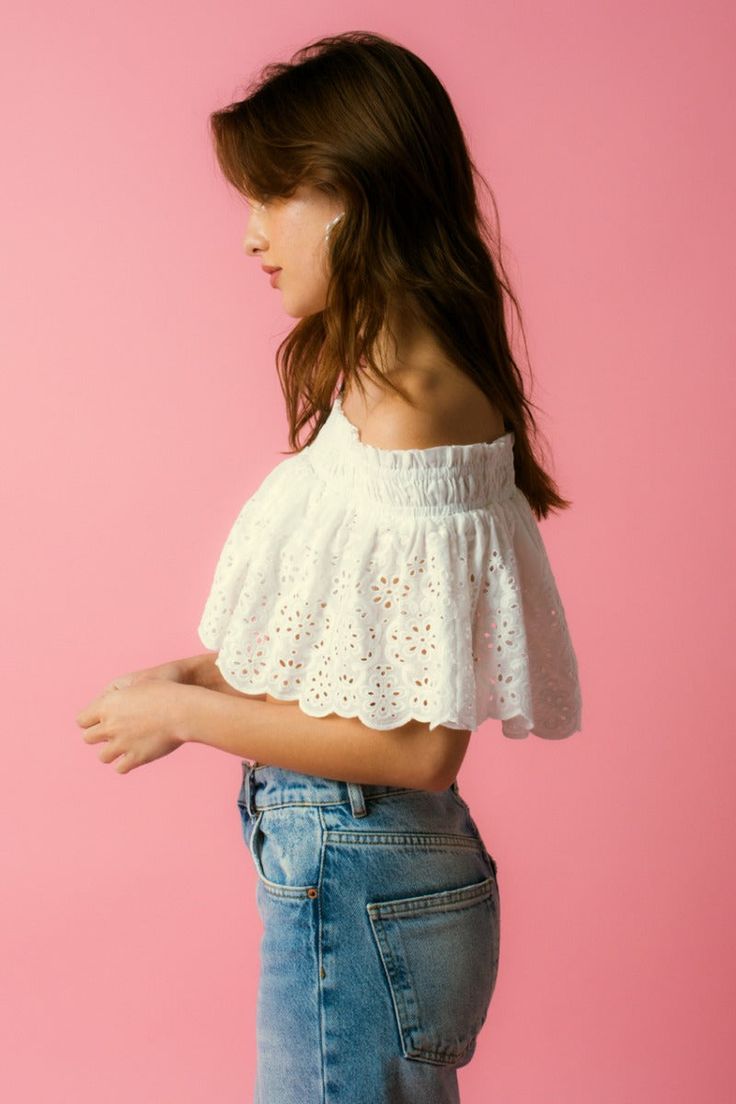 strapless embroidered flower detail flowy tube top elastic top for no slipping Feminine White Bandeau Tube Top, White Feminine Bandeau Tube Top, White Off-shoulder Top With Ruffles For Day Out, White Ruffled Off-shoulder Top For Day Out, White Strapless Top For Summer, White Ruffled Strapless Tube Top, White Strapless Tube Top With Ruffles, White Strapless Ruffled Tube Top, Spring Strapless Off-shoulder Top