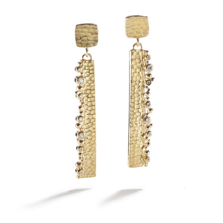 Long Carved Glacier Drop Earrings by Barbara Heinrich | barbara heinrich Diamond earrings Forged in Ice gold post/nut yellow gold Luxury Linear Diamond Earrings With Single Cut Diamonds, Luxury Linear Earrings With Single Cut Diamonds For Anniversary, Timeless Gold Diamond Earrings, Luxury Linear Drop Earrings With Single Cut Diamonds, Luxury Yellow Gold Linear Earrings, Timeless Gold Diamond-cut Earrings, Timeless Gold Diamond Cut Earrings, Timeless Gold Linear Earrings For Anniversary, Gold Timeless Linear Earrings For Anniversary