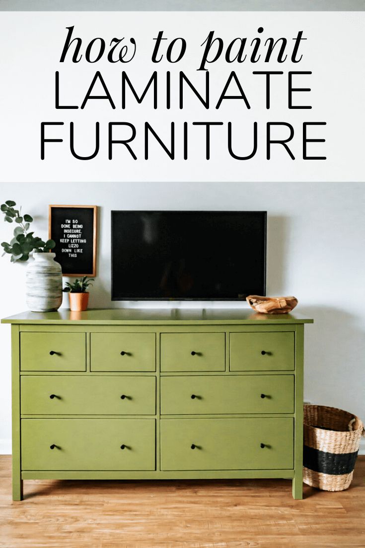 a green dresser with the words how to paint laminate furniture on it in black and white