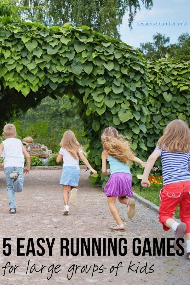 children running in the park with text overlay that reads, 5 easy running games for large groups of kids