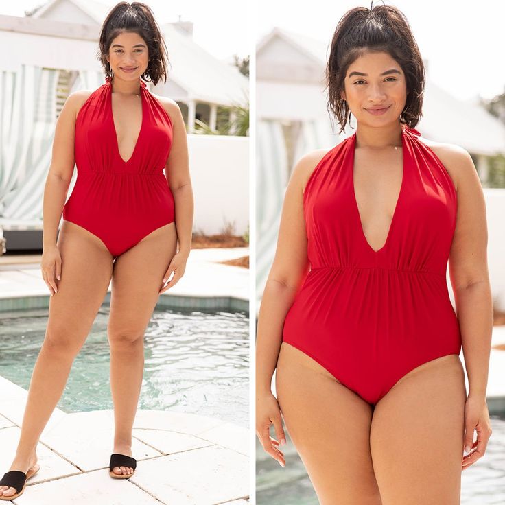 We absolutely love this swimsuit! This swimsuit has a fierce red color that's perfect for the season! It has a classic one-piece fit, features a tied halter neckline, and has the cutest keyhole bust! Wear this swimsuit to every pool party on your calendar this Summer! 
Material has a fair amount of stretch.  
Angelina is 5’9” and a size 14. She is wearing the 1X.
Details: 
Halter Tie 
Removable Cups 
Front Lined
82% Polyamid 18% Elasthan Red Ruched One-piece Swimwear, Red Ruched Swimwear For Beach Season, Red Ruched Swimwear For Party, Ruched V-neck Swimwear, Solid Color Ruched V-neck Swimwear, Solid V-neck Ruched Swimwear, Red V-neck Swimwear For Party, Red V-neck Summer Swimwear, Red V-neck Swimwear For Pool