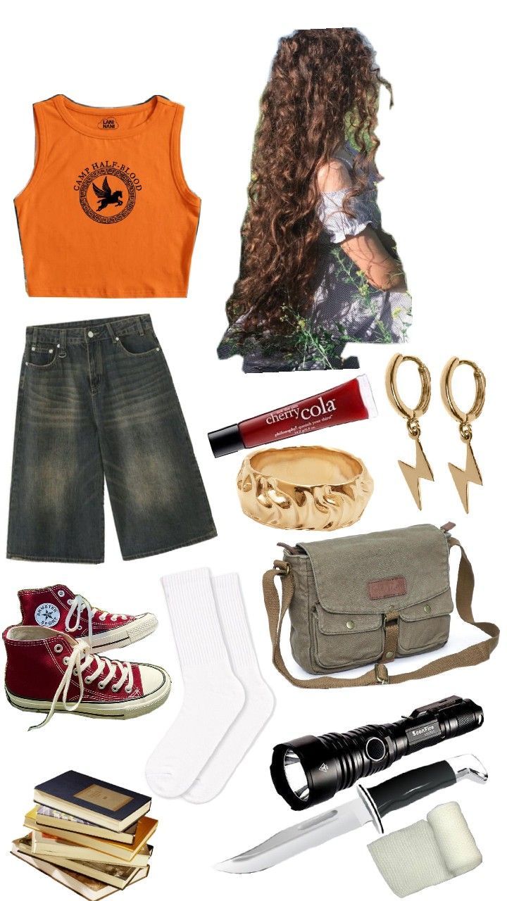 the contents of a woman's outfit including shoes, an orange tank top and jeans