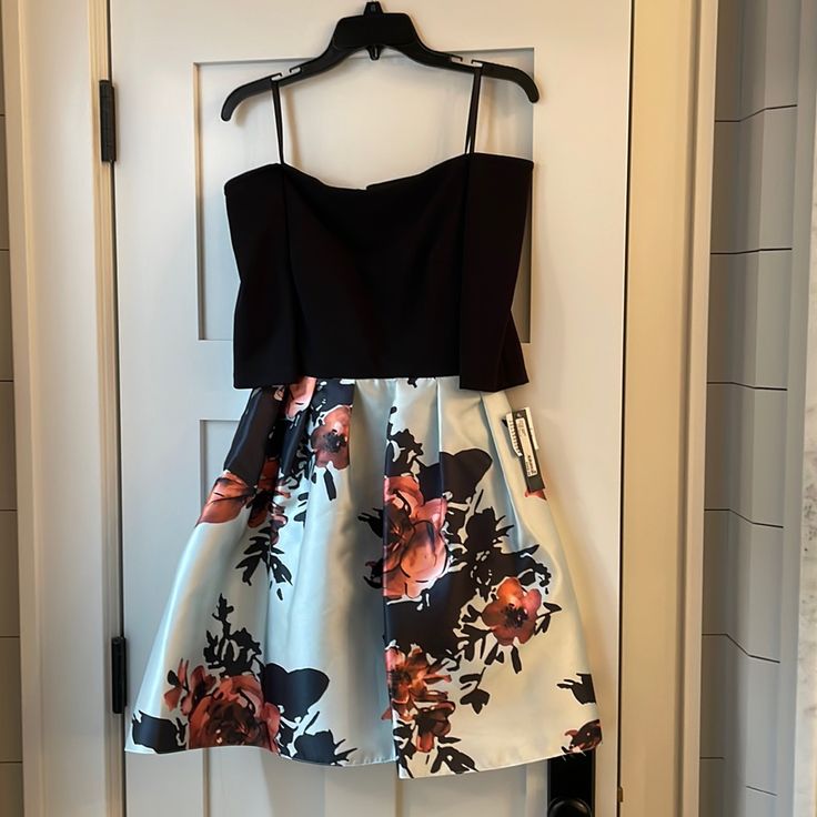 Adorable Strapless, Dress With Satin Floral “Skirt”. Brand New, With Tags. Party Dress With Floral Print And Full Skirt, Summer Full Skirt Dresses For Night Out, Summer Night Out Dresses With Full Skirt, Summer Night Out Full Skirt Dresses, Long Black Strapless Dress, Adam Black, Strapless Bodycon Dress, Princess Skirt, Black Strapless Dress