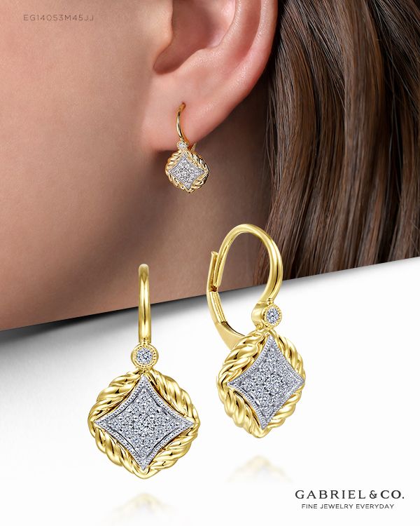 14K Yellow-White Gold Pavé Diamond Leverback Earrings EG14053M45JJ #GabrielNY #UniqueJewelry #FineJewelry#GabrielAndCo #FineJewelry#FashionJewelry#UniqueJewelry #GiftIdeas #DiamondJewelry #Jewelry #gabrieljewelry#UniqueGifts  #Jewelry #Design#HandcraftedJewelry #Elegance #DiamondEarrings #UniqueEarrings #YellowGoldEarrings#YellowGoldFashionEarrings #GoldEarrings #PavéDiamondLeverbackEarrings #PavéDiamondEarrings #LeverbackEarrings #14k #14kYellow-WhiteGold #14kYellow-WhiteGoldEarrings Fine Jewelry Yellow Gold Diamond Earrings With Pavé Setting, White 14k Gold Earrings With Diamond Accents, White Gold Diamond Cut Cluster Earrings, Elegant White Gold Earrings With Lever Back, Elegant White Jewelry With Lever Back, White Diamond Cut Drop Earrings, Elegant White Lever Back Earrings, White Cluster Drop Earrings Fine Jewelry, Luxury Yellow Gold Plated Diamond Earrings