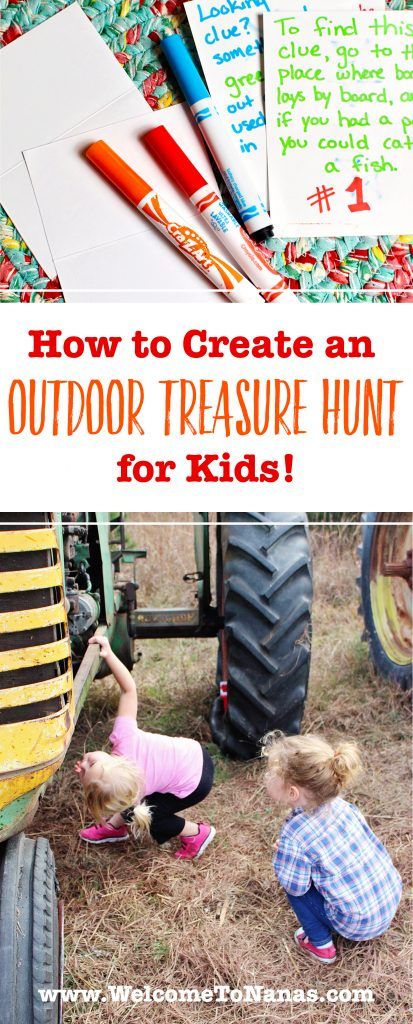 two children playing in the grass near an old tractor with writing on it and text overlay that reads how to create an outdoor treasure hunt for kids