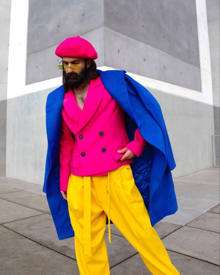 Color combination idea Neon Suit Men, Male Colorful Outfit, Analogous Color Scheme Fashion, Neon Party Outfits Men, Colorful Fashion Men, Analogous Outfit, Color Block Outfits, Colorful Mens Fashion, Funky Formal