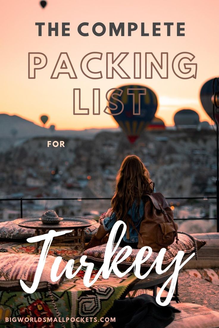 a woman sitting on top of a bed with the words, the complete packing list for turkey