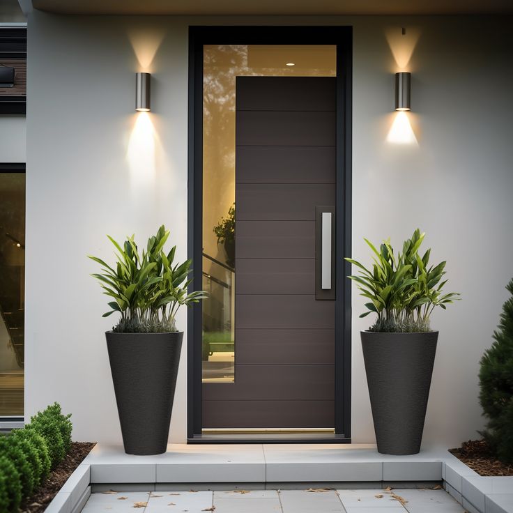 two large planters with plants are in front of a modern entry door that is lit up at night