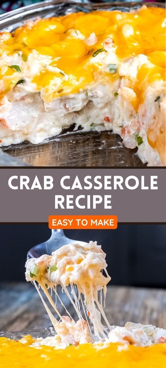 crab casserole recipe with cheese on top and in the middle, ready to be eaten