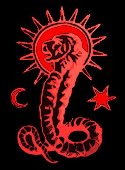 a red and black drawing of a seahorse with stars on it's back