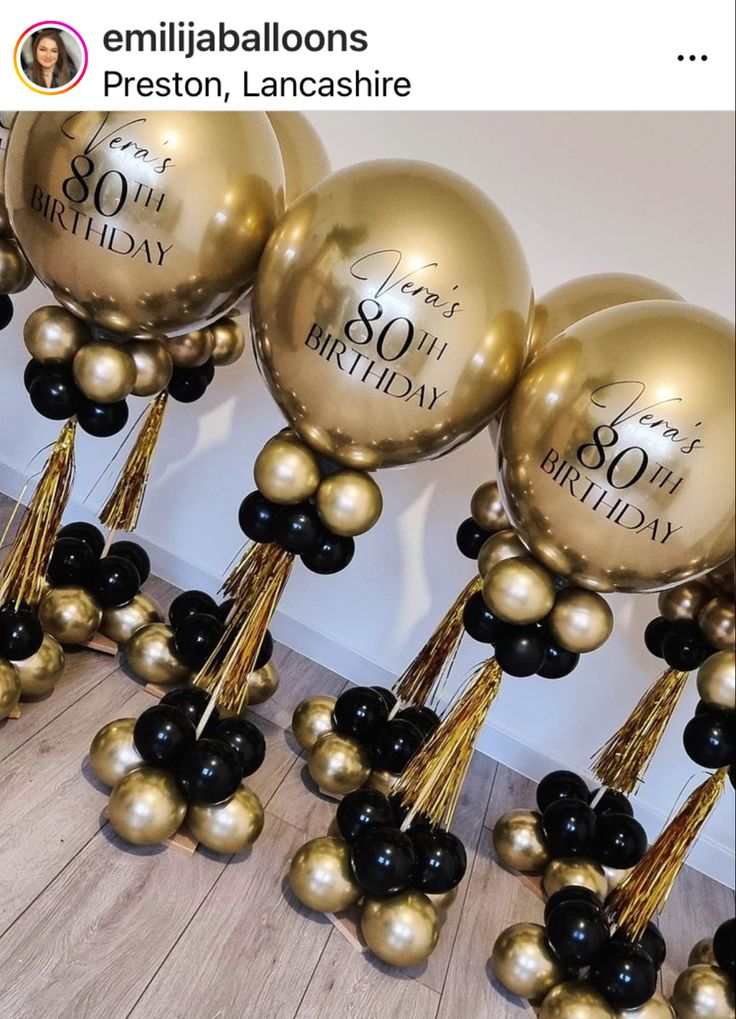 gold and black balloons with the words 30th birthday written on them