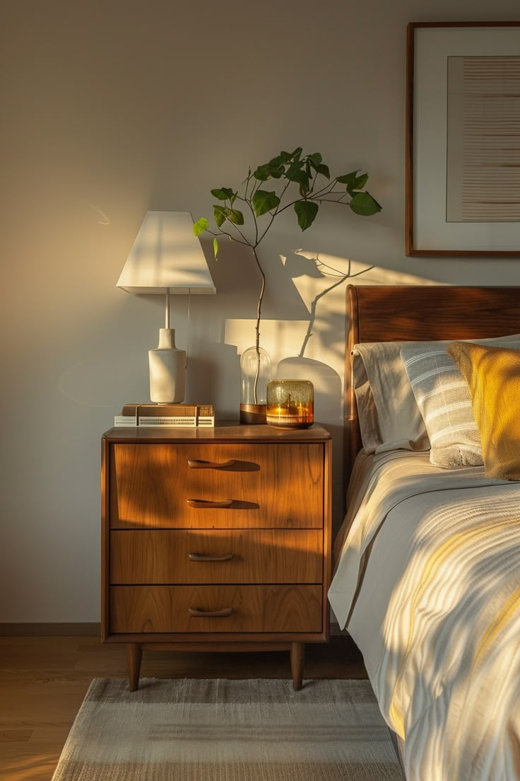 a bed room with a neatly made bed and a plant on top of the dresser