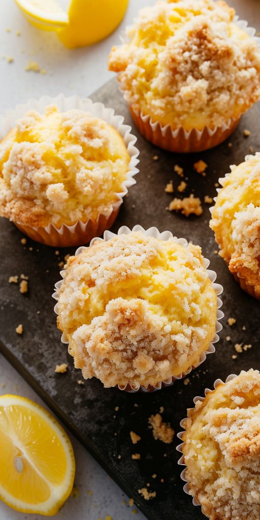 lemon muffins on a baking sheet next to sliced lemons