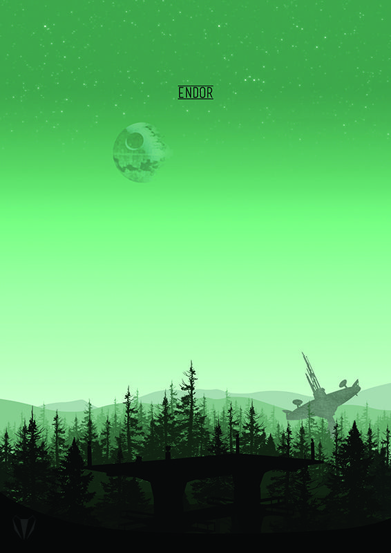 an image of a space station in the sky with trees and mountains behind it that reads endor