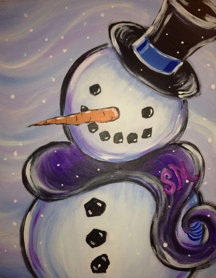 a painting of a snowman with a top hat and carrot in its mouth, on a purple background