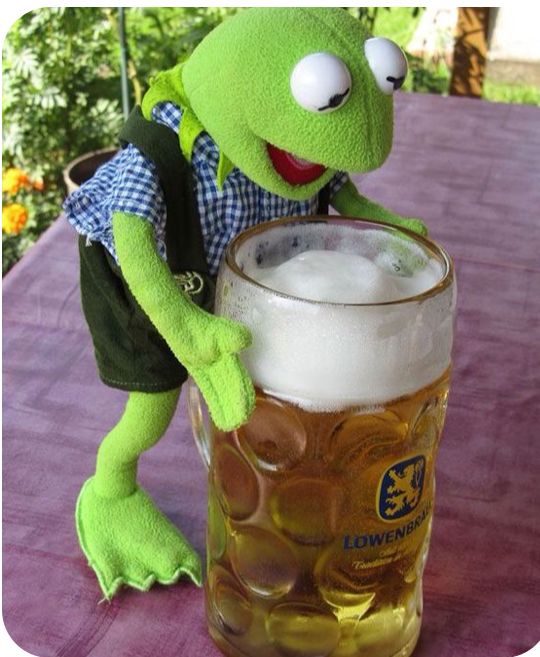 a green frog holding a beer glass on top of a table