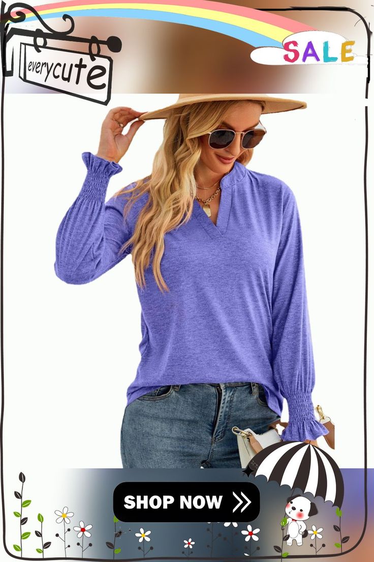 Purple V-neckline Ruffle Long Sleeve Tops Fall V-neck Top With Ruffle Hem, Fall V-neck Ruffled Tops, Casual Ruffled Split Neck Blouse, Chic Ruffled Split Neck Blouse, Chic Split Neck Blouse With Ruffles, Fall Ruffled V-neck Tops, Tops Long Sleeve, Ruffle Long Sleeve, Women Tops