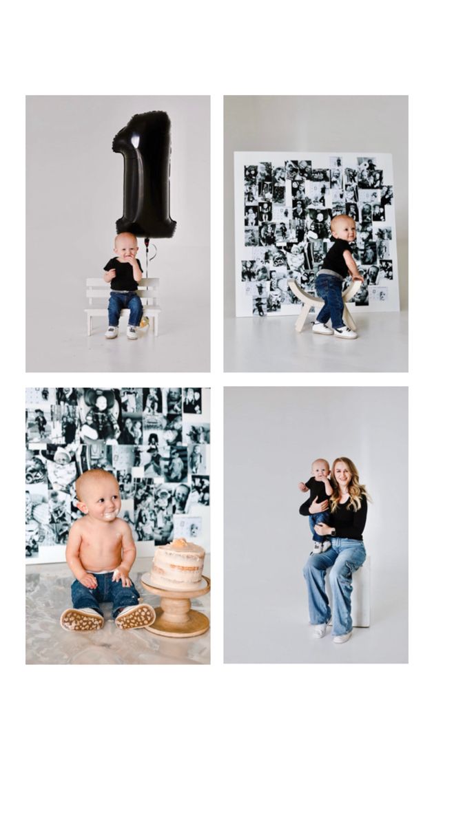 four different pictures with one baby sitting on a chair and the other holding an inflatable balloon