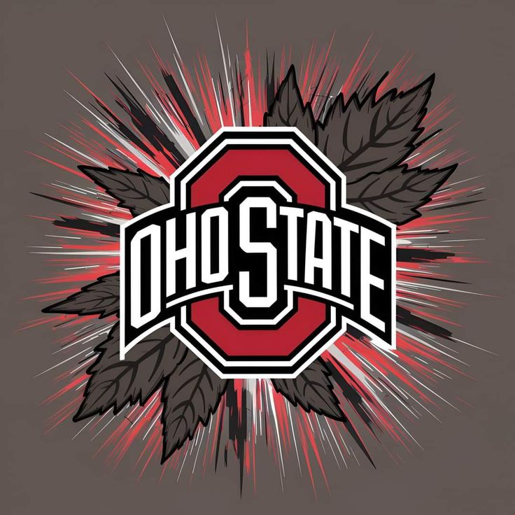 the logo for the university of ohio state football team on a gray background with red and black leaves