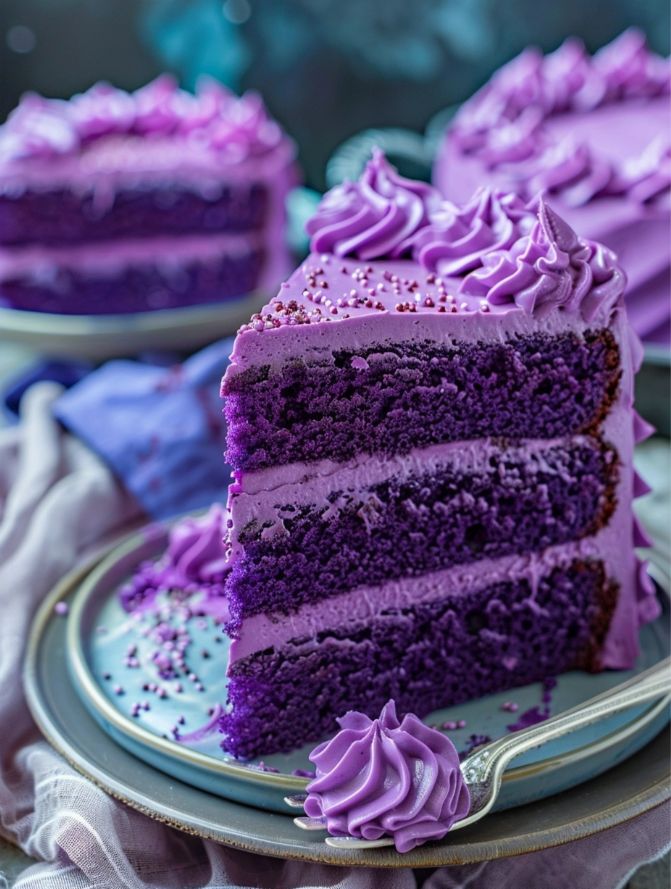 a slice of purple cake on a plate