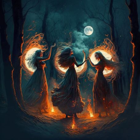 three women standing in the woods at night with fire and moon behind them, holding hands