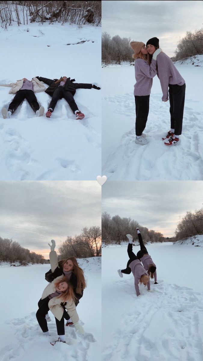 two people are playing in the snow while one person is holding another woman's head