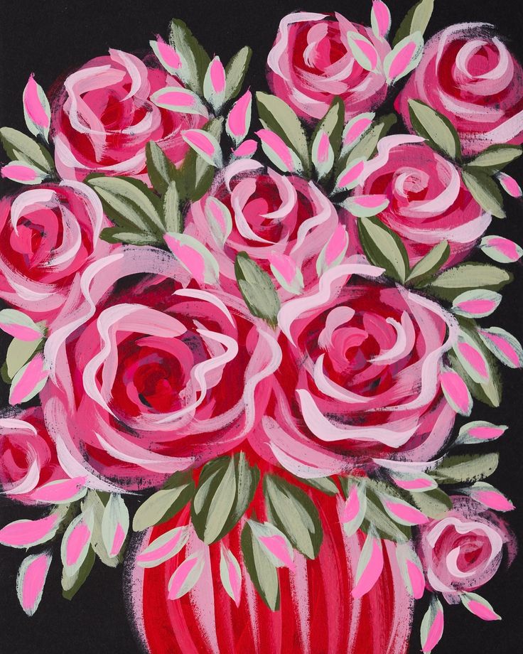 a painting of pink roses in a red vase on a black background with green leaves