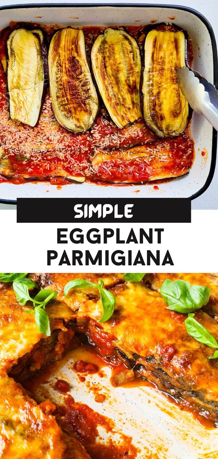 an eggplant parmesan casserole in a baking dish with the title