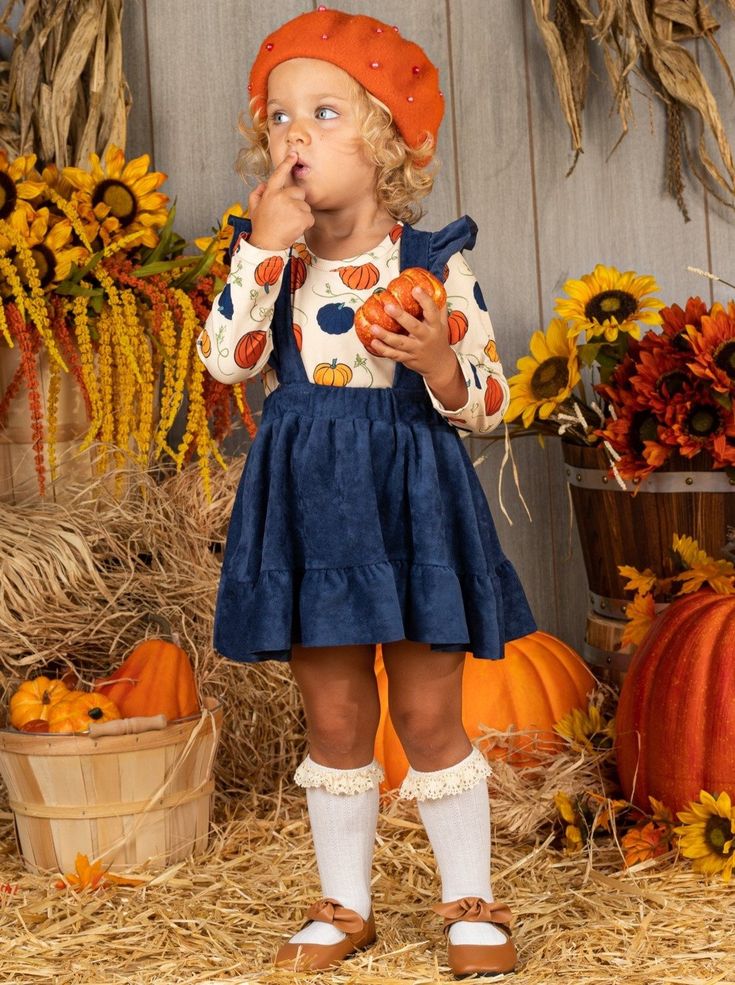 Thanksgiving Birthday Parties, Pumpkin Patch Photoshoot, Girls Thanksgiving Outfit, Thanksgiving Dress, Pumpkin Patch Outfit, Girls Thanksgiving, Overall Skirt