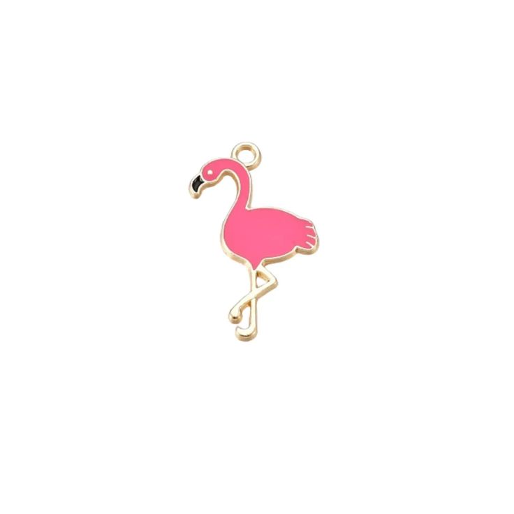 a pink flamingo charm on a white background