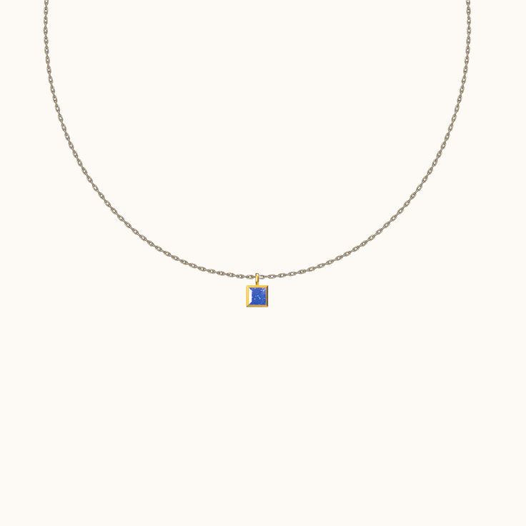 Petite Midnight Blue CZ Dangle Dark Blue Square Pendant Gold Necklace by Doviana