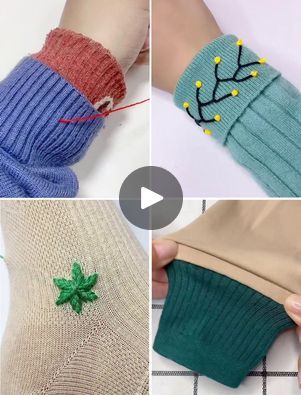 four pictures showing how to make knitted christmas stockings and mitts with yarns