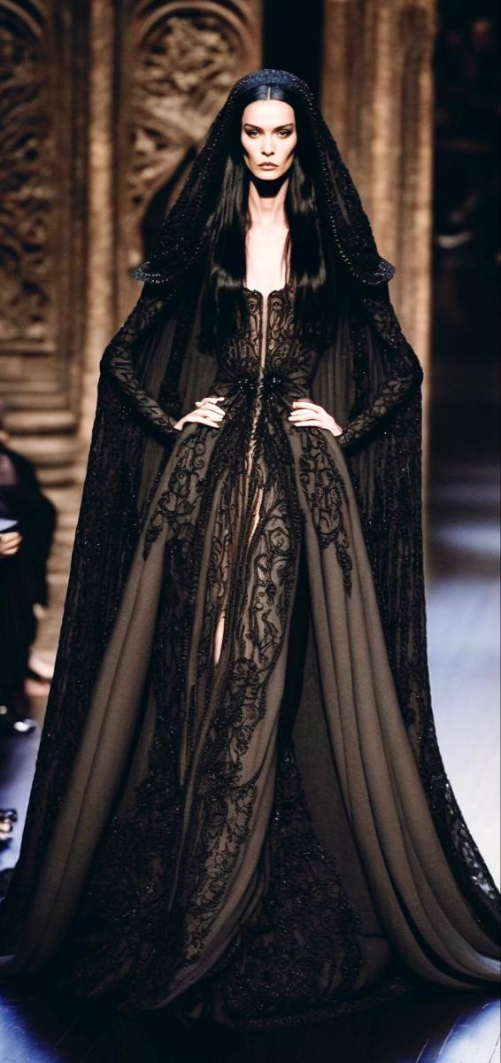 Vampire Gown Aesthetic, Halloween Fashion Show, Morticia Addams Fashion, Dark Witch Fashion, Morticia Wedding Dress, Gothic Fashion Show, Gothic Wedding Gown, Morticia Addams Wedding Dress, Gothic Era Fashion