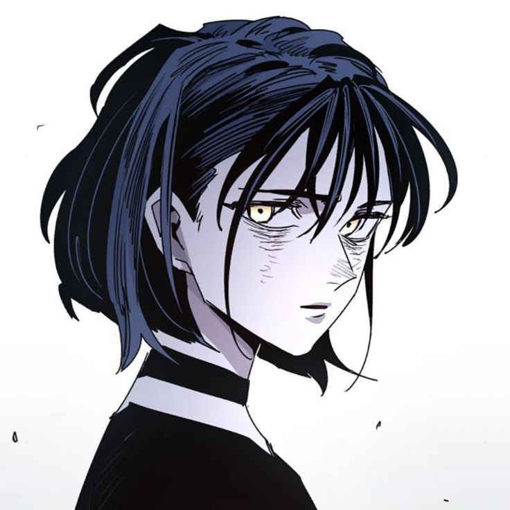 an anime character with black hair and yellow eyes looking at the camera while wearing a striped shirt