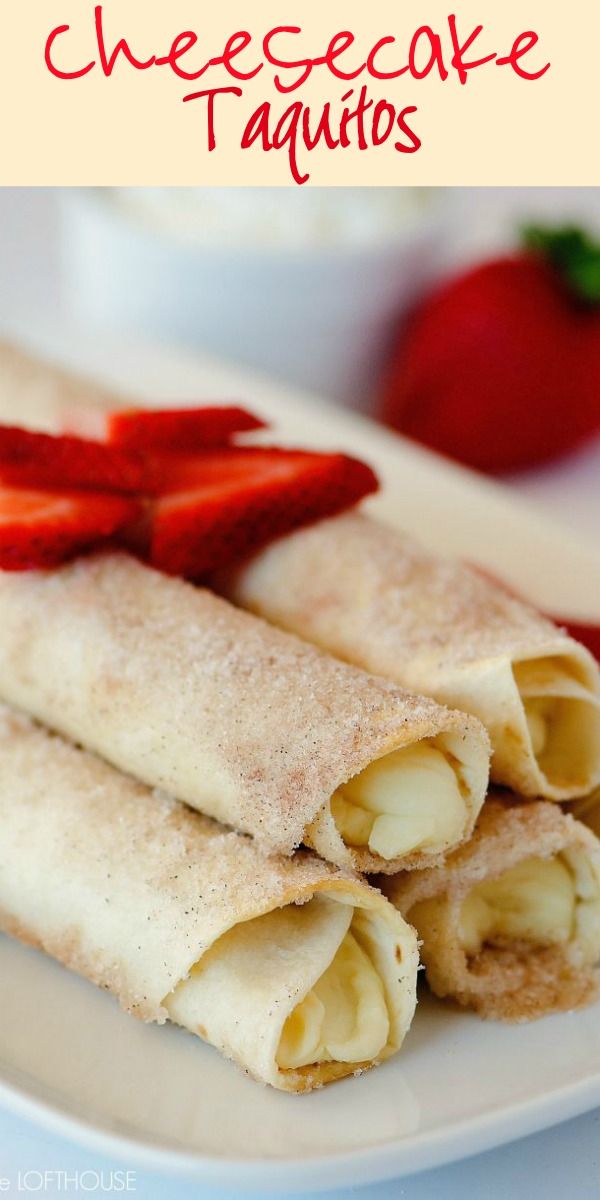 two crepes on a plate with strawberries and cream cheesecake taquitos