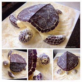 the process of making tortilla shells with sea turtle shell shapes and chocolate icing