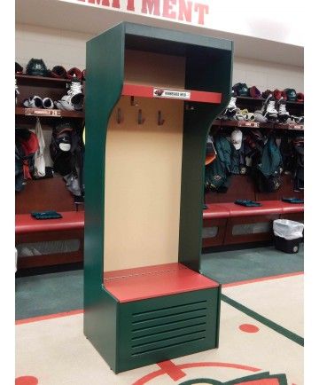 a green and red locker in the middle of a store