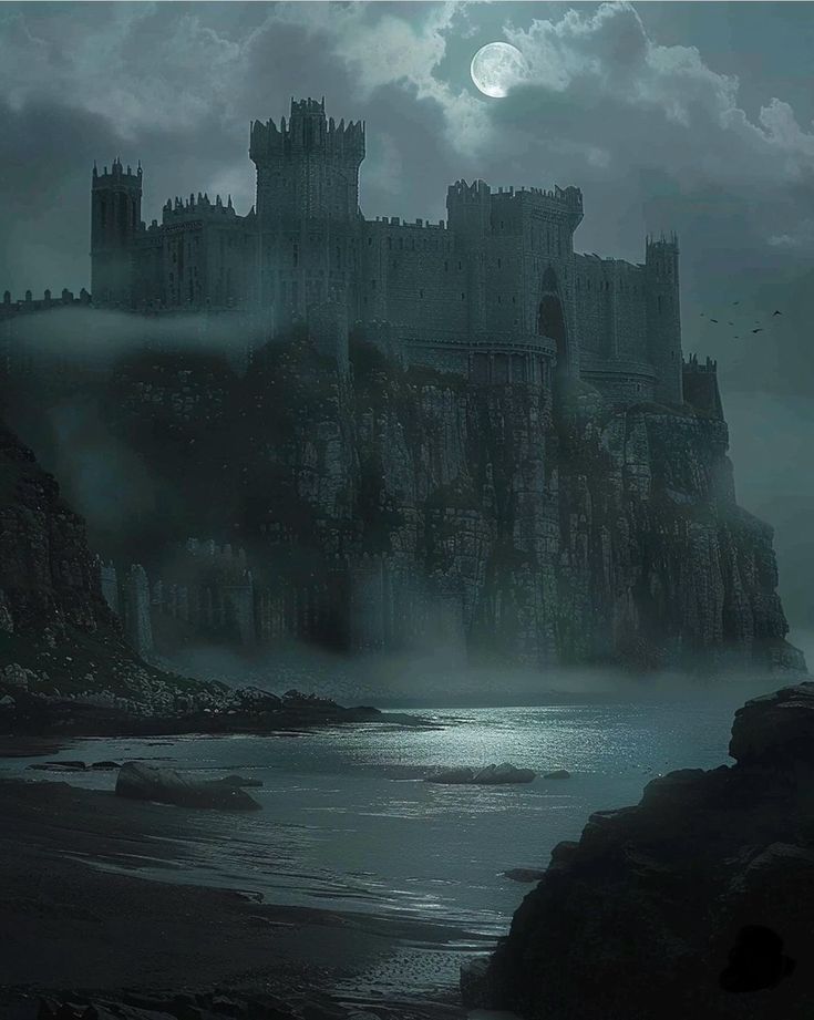 an image of a castle that is on the cliff by the water at night time