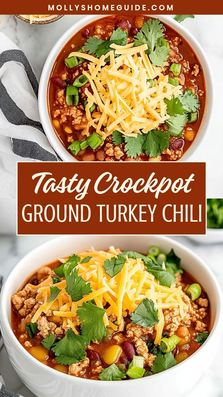 two bowls of tasty crockpot ground turkey chili with cheese and cilantro