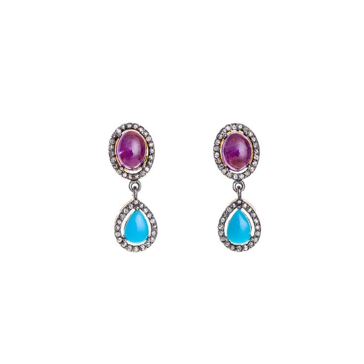 Boond Earrings – Modern Moghul    Cabochon amethyst and turquoise drops set with diamonds. Modern Earrings, Turquoise Earrings, Gemstone Rings, Amethyst, Diamonds, Turquoise, Gemstones