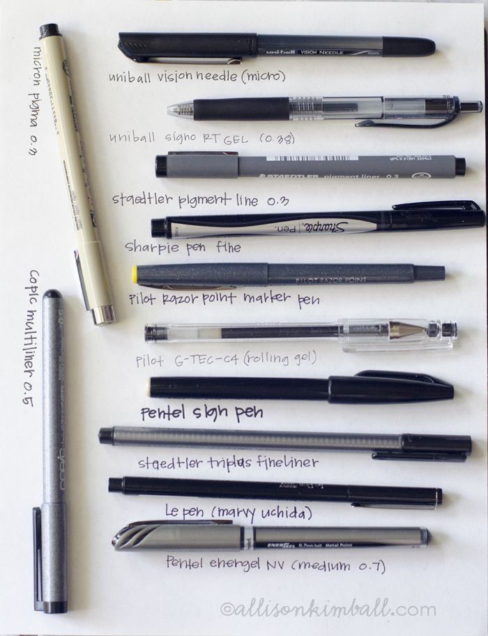 several pens are lined up next to each other on a piece of paper with writing