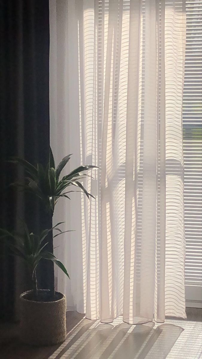 the sun is shining through the sheer curtains in this room with a potted plant on the window sill