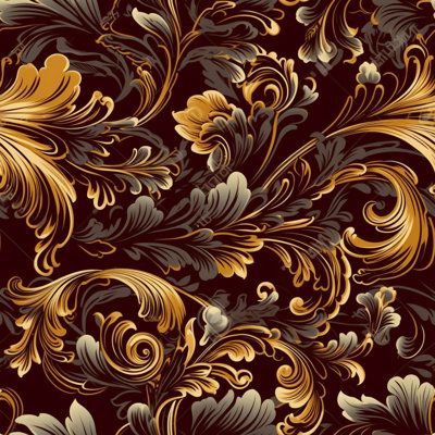 an ornate gold and black wallpaper with swirly leaves on the left hand side