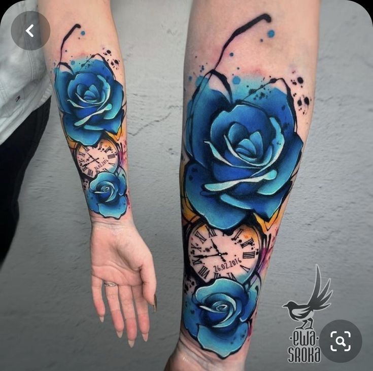 two blue roses are on the arm and one is painted with watercolors, while the