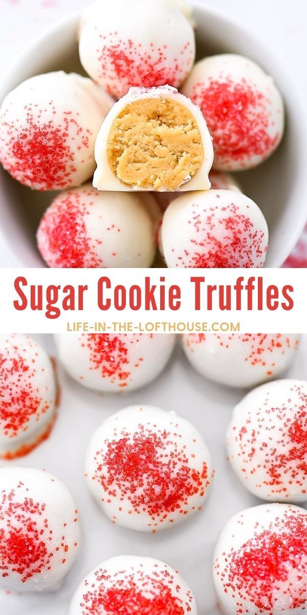 sugar cookie truffles in a white bowl with red sprinkles