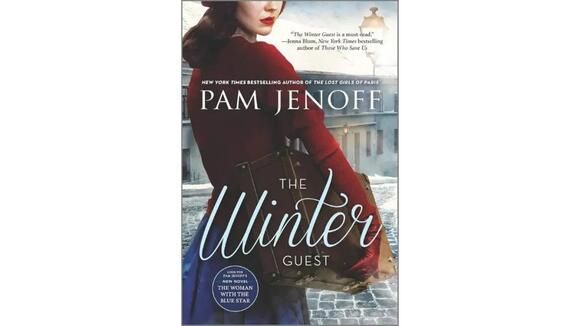 a book cover for the winter guest by pam jenoff, with an image of a woman holding a suitcase