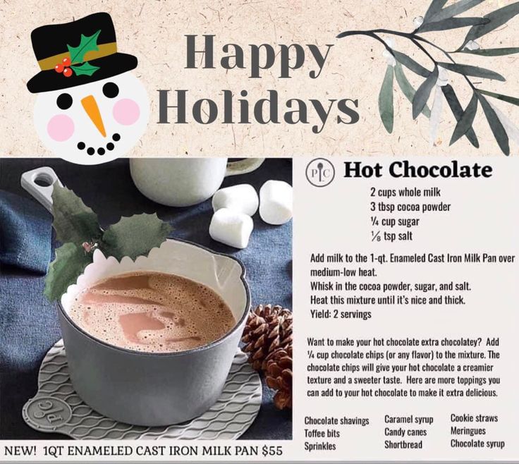 an advertisement for hot chocolate with a snowman in the background