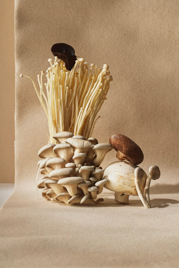 mushrooms and other edible items are arranged in the shape of a pine cone on a beige background