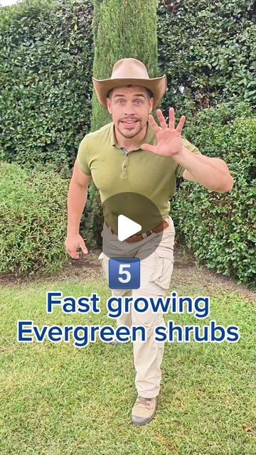 a man wearing a hat with the words fast growing evergreen shrubs in front of him